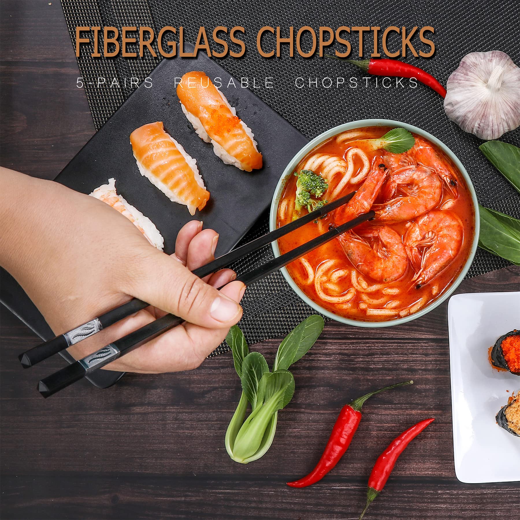 HuaLan Fiberglass Chopsticks Set, Dishwasher Safe Chopsticks, Non-slip Design Chop Sticks, Reusable Japanese Style Chopstick, 9 1/2 Inches 5 Pairs, Silver, Gift Set