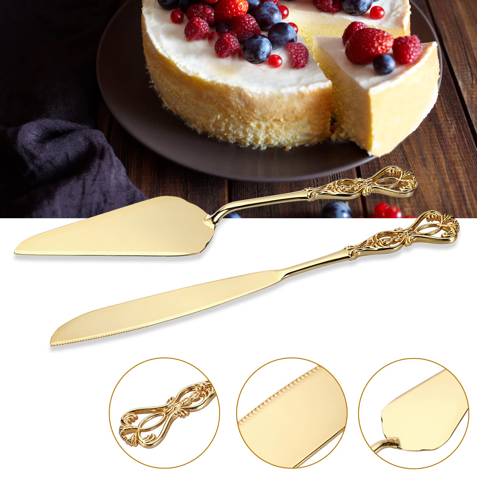 BSTKEY Gold Cake Knife and Server Set, Cake Pie Pastry Servers Crown Shape Handle Vintage Cake Serving Set for Wedding Birthday Parties Anniversary Christmas and Events