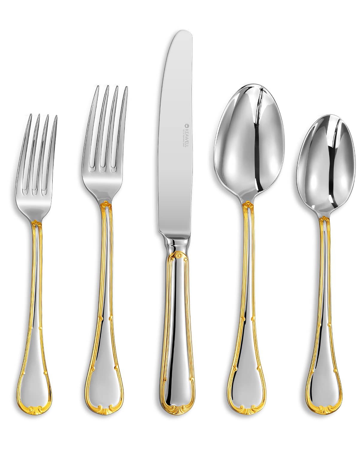 KEAWELL Elizabeth 20-Piece 18/10 Stainless Steel Flatware Set, Service for 4, Fine Silverware Set (Gold Accent), Dishwasher Safe, Mirror Polished