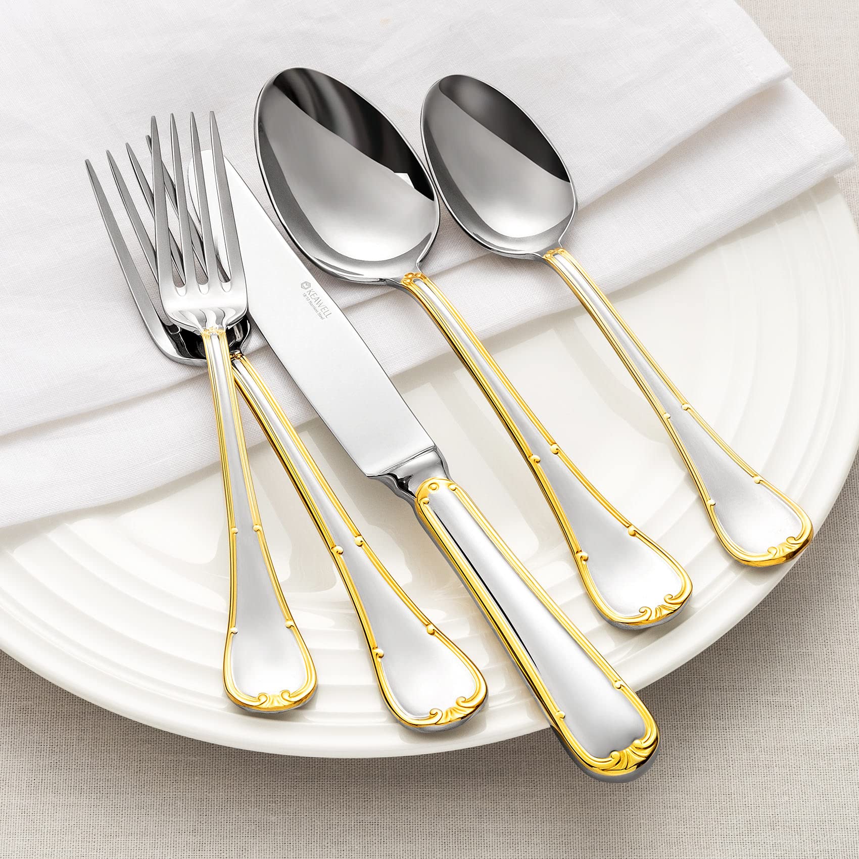 KEAWELL Elizabeth 20-Piece 18/10 Stainless Steel Flatware Set, Service for 4, Fine Silverware Set (Gold Accent), Dishwasher Safe, Mirror Polished