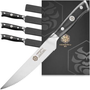 kessaku 5-inch steak knife 4 pack set - dynasty series - forged thyssenkrupp german hc steel - g10 handle with blade guards