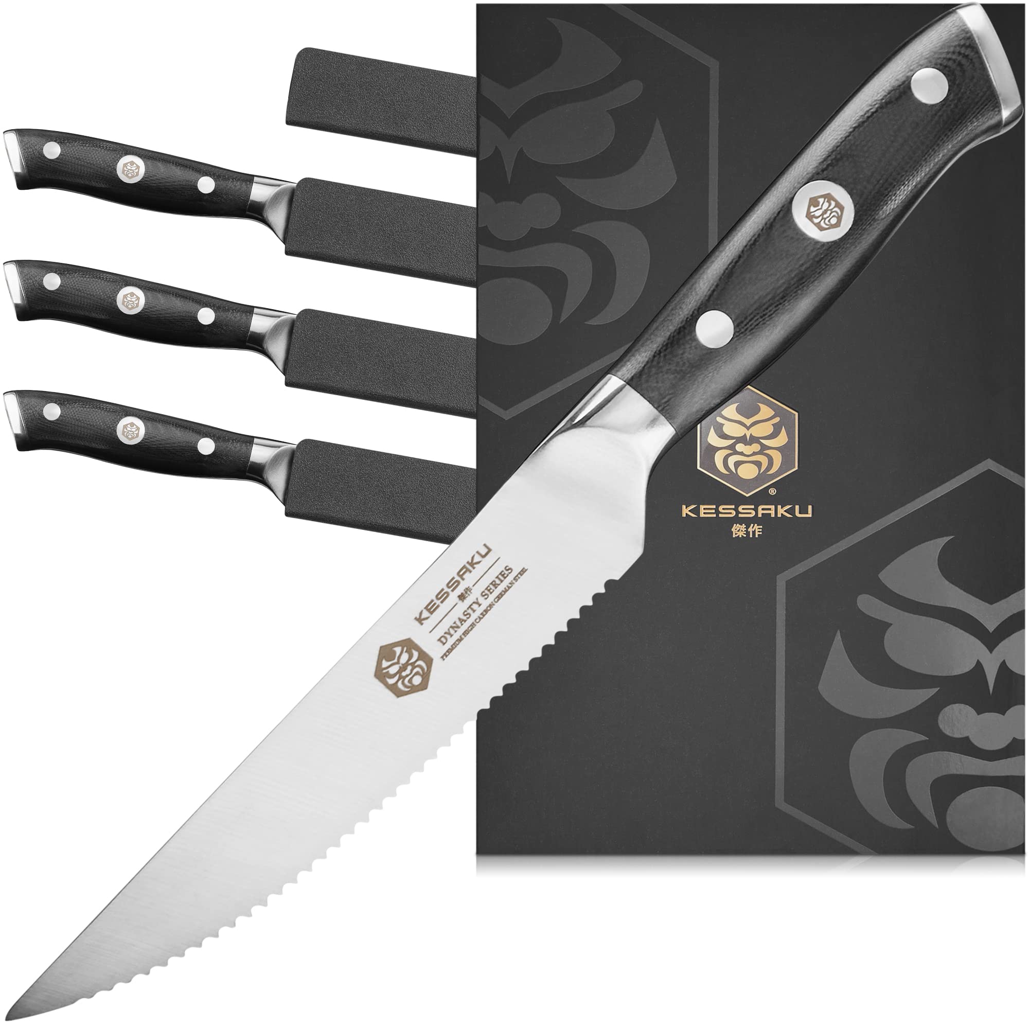 KESSAKU 5-Inch Steak Knife 4 Pack Set - Dynasty Series - Forged ThyssenKrupp German HC Steel - G10 Handle with Blade Guards