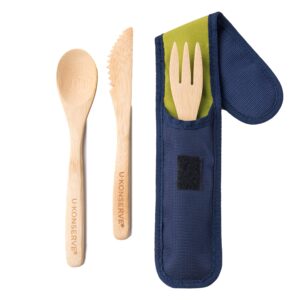 u-konserve bamboo cutlery set in recycled case - reusable utensil spoon fork knife - lightweight for zero waste lunches and travel - navy blue carrying case