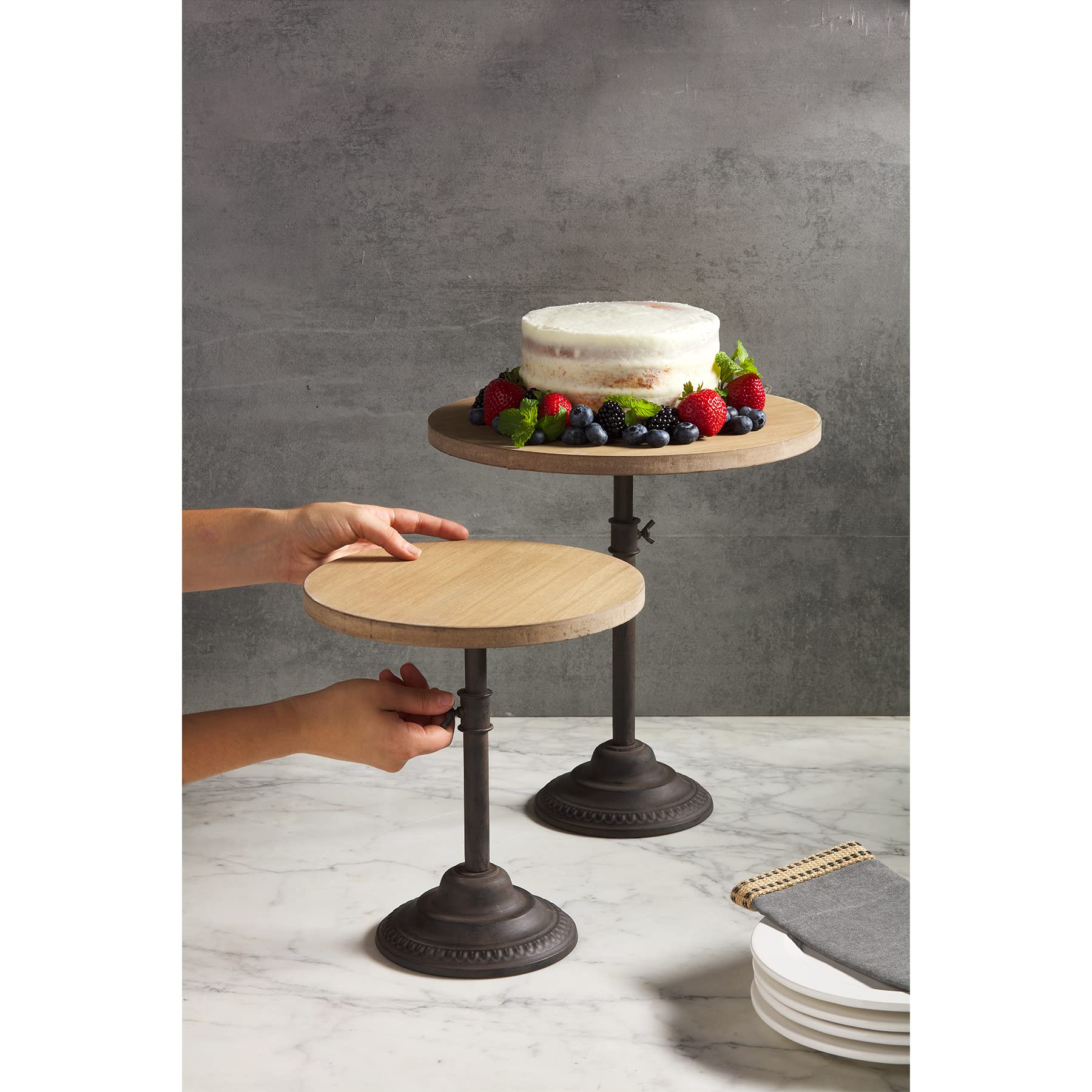 Mud Pie Wood and Iron Adjustable Server, 13" x 13", Large