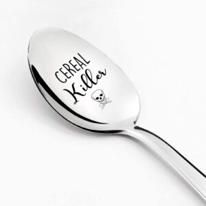 ptzizi funny cereal killer engraved stainless steel gourmet spoon, dessert cereal oats spoon for teen kids friends birthday graduation thanksgiving christmas cereal lovers gifts, silver, 1.3x7