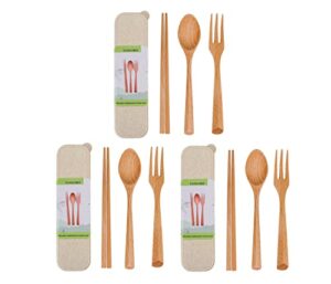 9 pieces wood flatware set japanese style utensils wooden tableware spoon travel cutlery chopsticks fork for eating portable high heat resistant kitchen home camping picnic school students