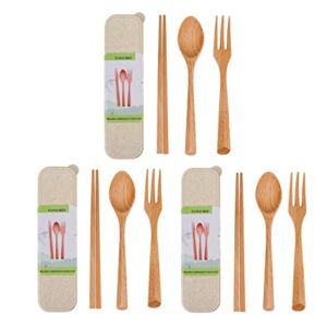 9 Pieces Wood Flatware Set Japanese Style Utensils Wooden Tableware Spoon Travel Cutlery Chopsticks Fork for Eating Portable High Heat Resistant Kitchen Home Camping Picnic School Students