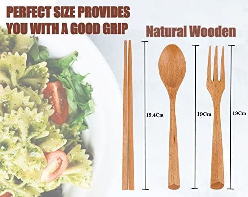 9 Pieces Wood Flatware Set Japanese Style Utensils Wooden Tableware Spoon Travel Cutlery Chopsticks Fork for Eating Portable High Heat Resistant Kitchen Home Camping Picnic School Students