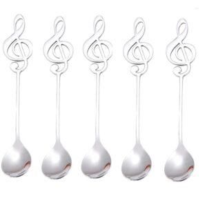 somswcpass 5 pcs creative music note coffee spoon stainless steel spoons, staff musical notation shaped teaspoon, small dessert spoon for coffee stirring drink mixing milkshake jam (silver)