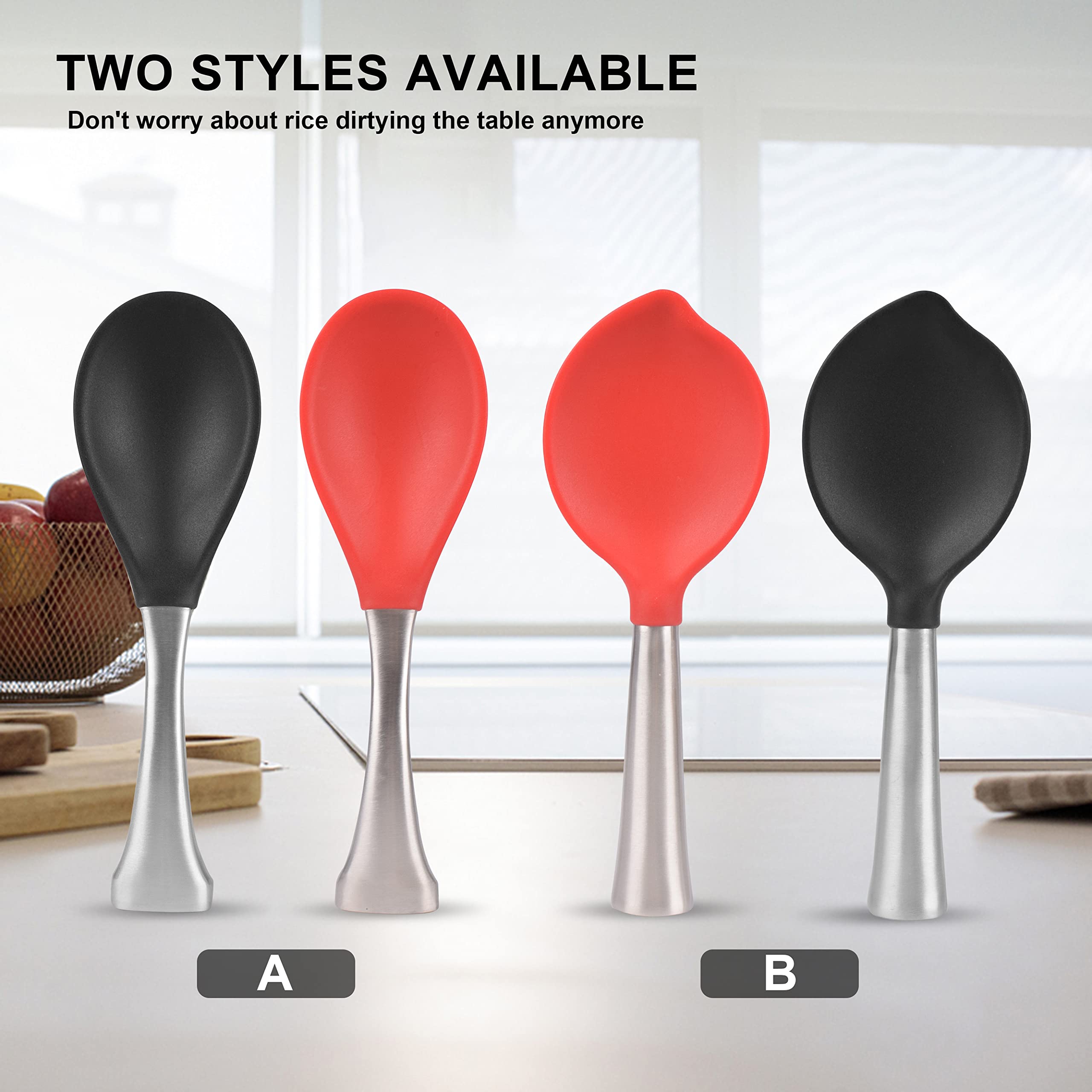 OFIDUS Stand Up Rice Paddle, Not Rust Silicone Wrapped Stainless Steel Rice Spoon Paddle, Non-Stick One-Piece Rice Scooper(Peach-Shape, Red)