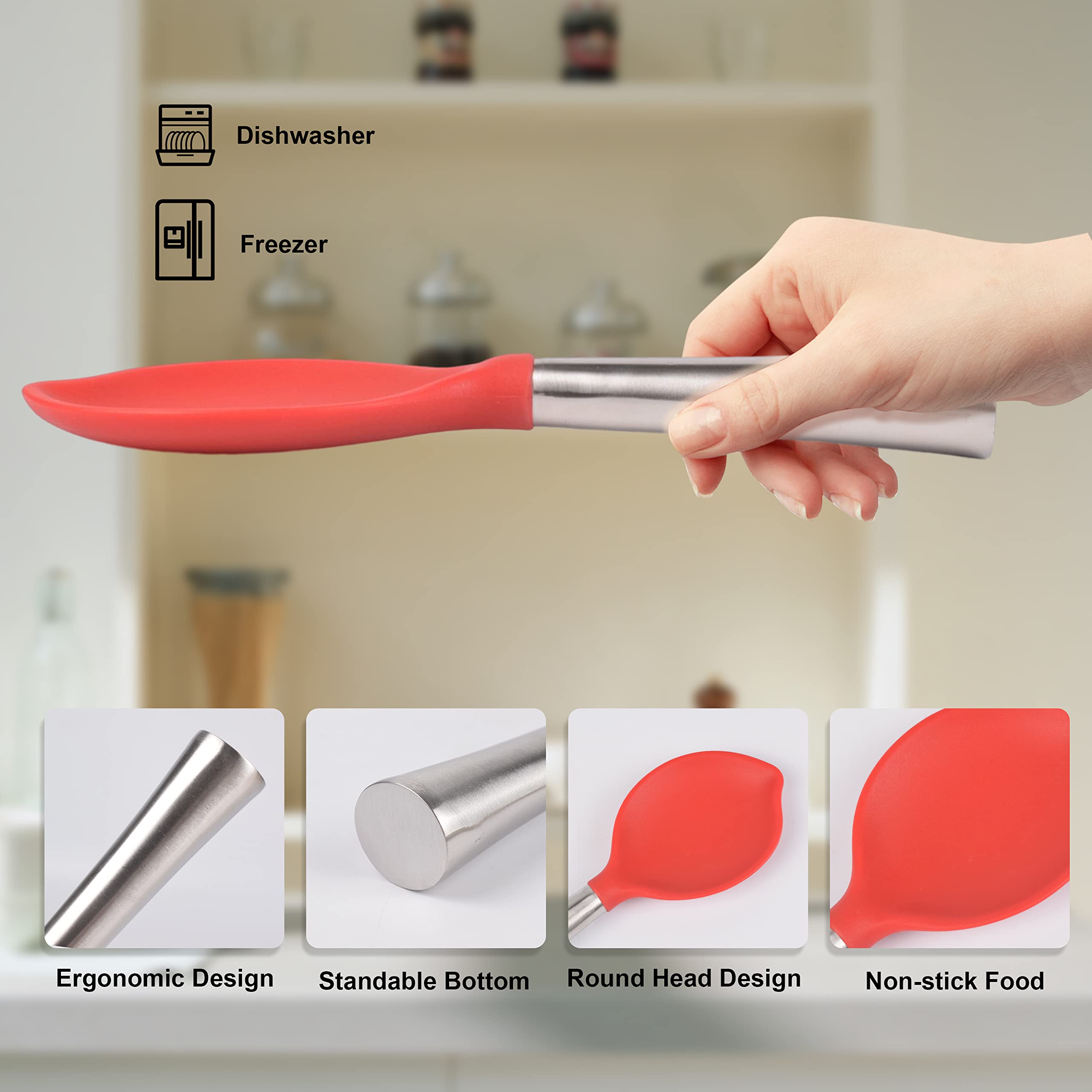 OFIDUS Stand Up Rice Paddle, Not Rust Silicone Wrapped Stainless Steel Rice Spoon Paddle, Non-Stick One-Piece Rice Scooper(Peach-Shape, Red)