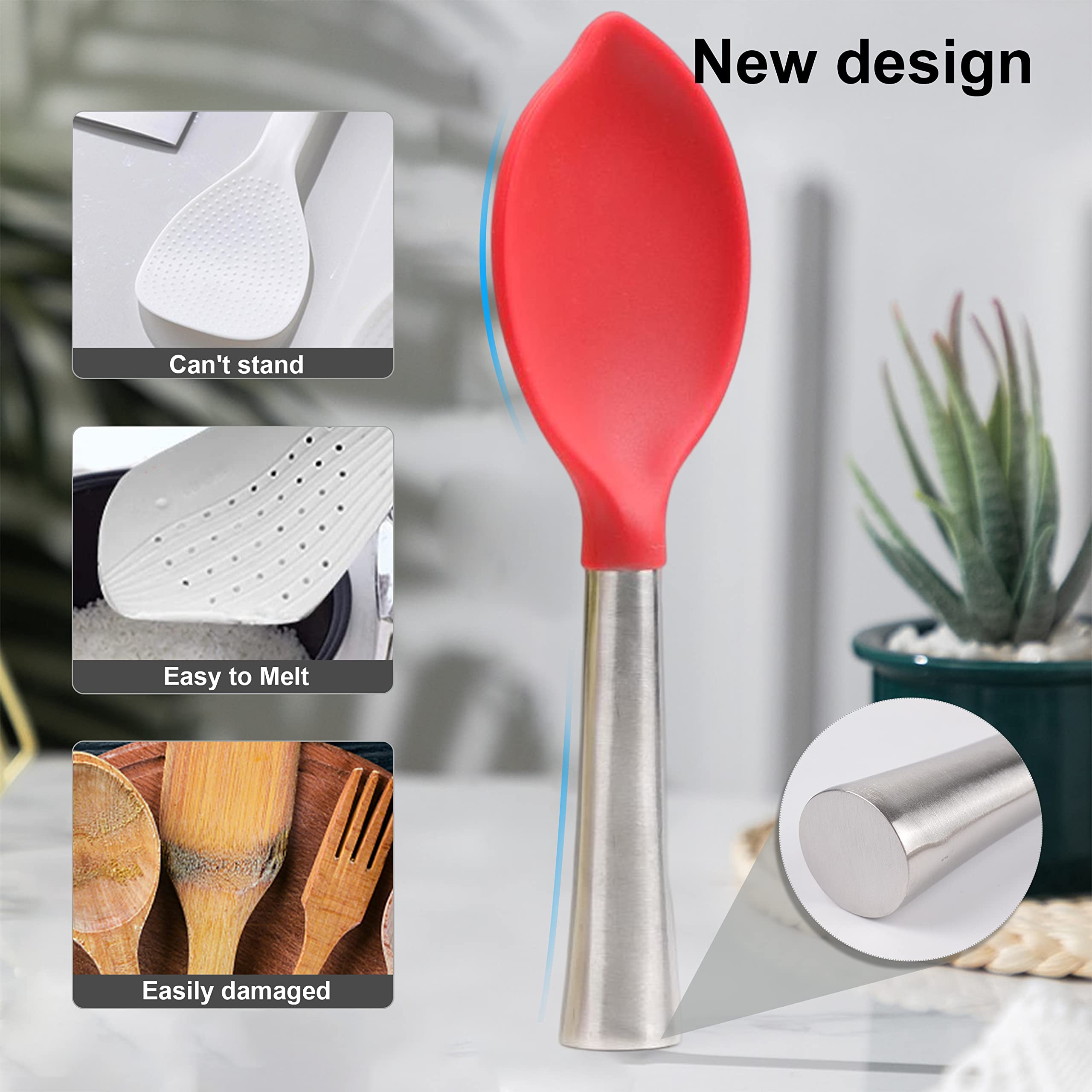 OFIDUS Stand Up Rice Paddle, Not Rust Silicone Wrapped Stainless Steel Rice Spoon Paddle, Non-Stick One-Piece Rice Scooper(Peach-Shape, Red)