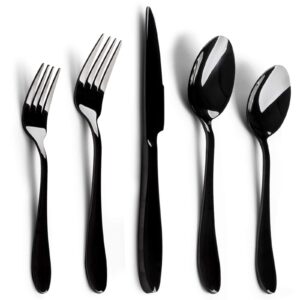 e-far silverware set, 20-piece black stainless steel flatware utensil set, include knife/spoon/fork, mirror polished, dishwasher safe - service for 4