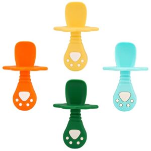4pcs silicone baby spoons, baby feeding spoons with anti choke barrier,baby self feeding training cute utensils set