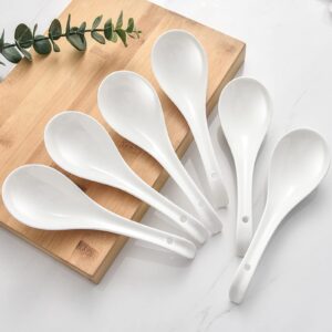 njcharms ceramic soup spoons set of 6, 6.8 inch large asian soup spoon sets suitable for pho, ramen, noodles, white