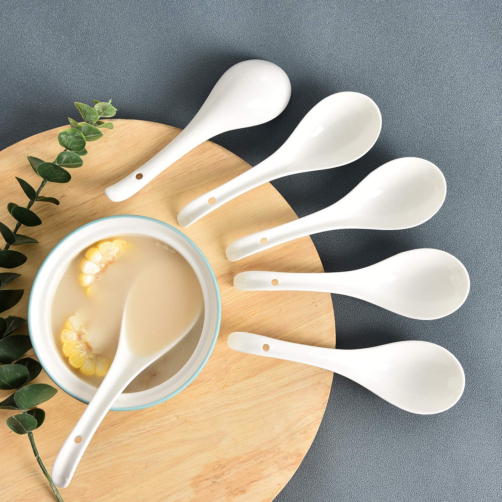 NJCharms Ceramic Soup Spoons Set of 6, 6.8 inch Large Asian Soup Spoon sets Suitable for Pho, Ramen, noodles, White