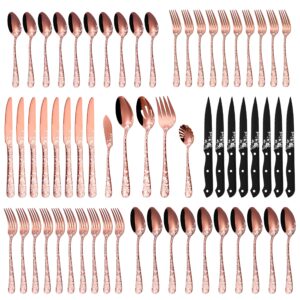 stapava 77-piece rose gold silverware set for 12, plus steak knife & serving set, stainless steel flatware cutlery set, mirror eating utensils tableware with butterfly flower laser, dishwasher safe