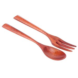 2pcs/set heat resistance wood fork and spoon heat resistance durable kitchen utensil for home restaurant office(large and fork)