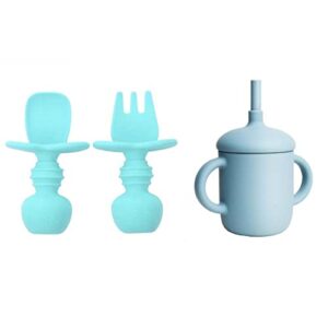 toddler self-feeding silicone tiny cup fork spoon set – silicone utensils for weaning babies, microwave, dishwasher & oven baby led weaning stage 1 for 6mos+ anti choke barrier bpa free (sky blue)