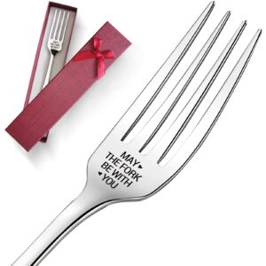 pzjiean may the fork be with you funny engraved stainless steel fork, dinner dessert fork with gift box, for boyfriend, husband, nerd, friends, thanksgiving christmas giftss, birthday christmas gift