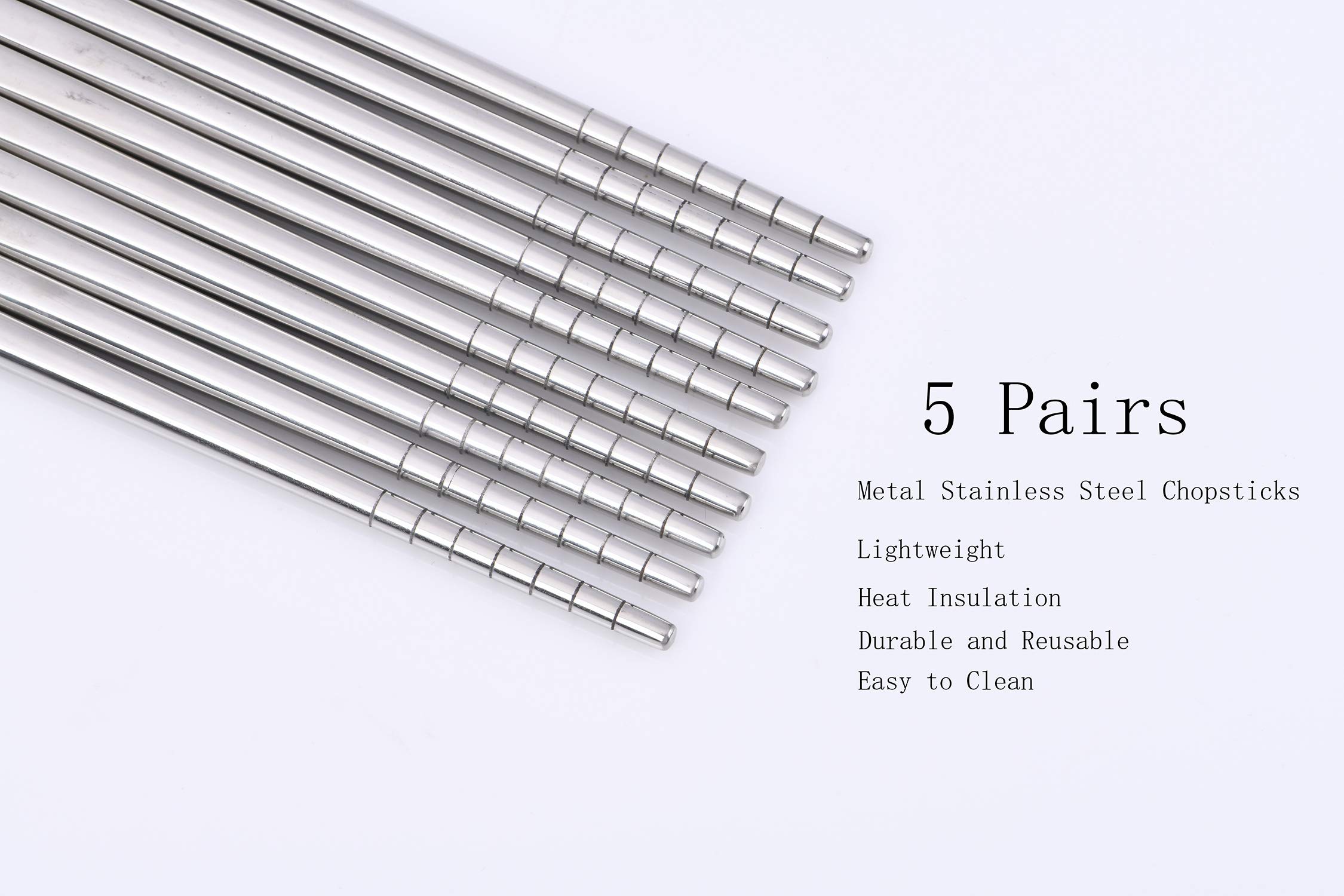 5 Pairs Silver Stainless Steel Chopsticks Reusable Lightweight Metal Chopsticks Dishwasher Safe