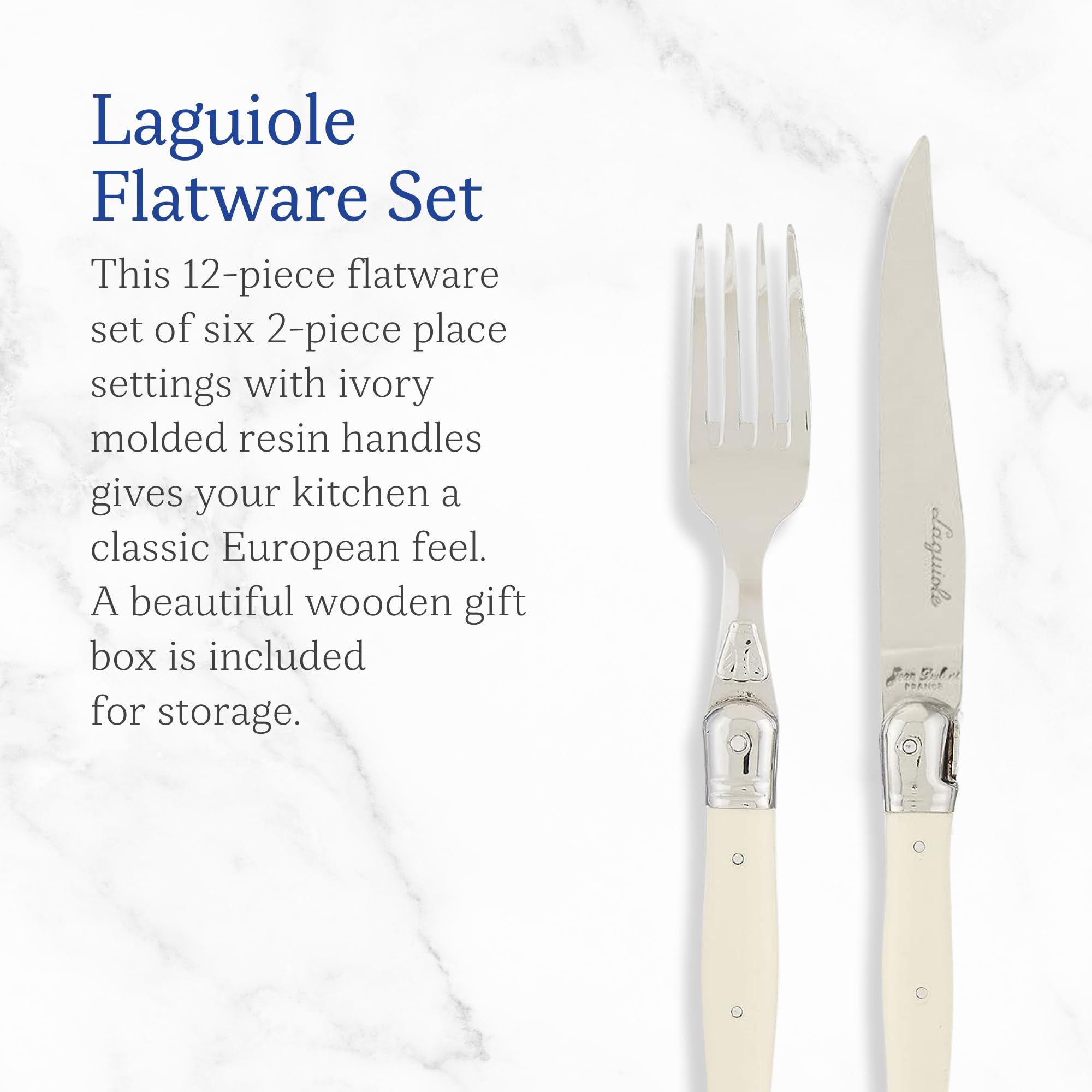 Jean Dubost Laguiole 12-Piece Flatware Set, Ivory Handles - Rust-Resistant Stainless Steel - Includes Wooden Tray - Made in France