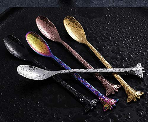 Mengbaobao 5 PCs Giraffe Handle Tea Coffee Spoons Desserts Cakes Ice Cream Server Stainless Steel Flatware Dinnerware