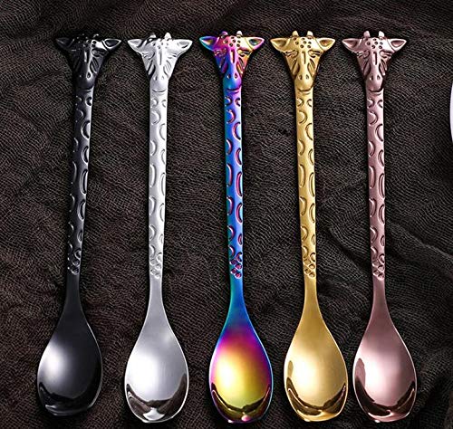 Mengbaobao 5 PCs Giraffe Handle Tea Coffee Spoons Desserts Cakes Ice Cream Server Stainless Steel Flatware Dinnerware