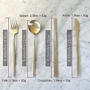 cozymomdeco Korean Made Traditional Premium Utensil Flatware Luminous Gold, Brass, 1SET, Fork, Knife, Spoon, Chopsticks with Furoshiki Wrapping