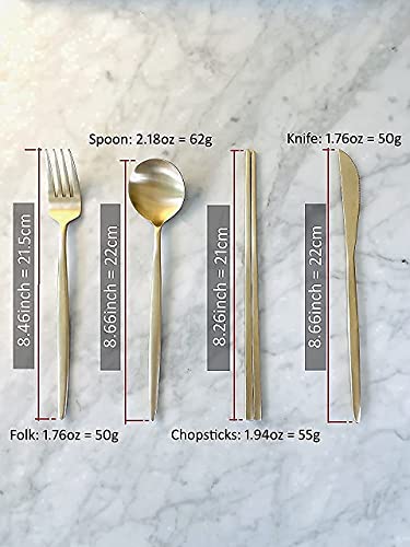 cozymomdeco Korean Made Traditional Premium Utensil Flatware Luminous Gold, Brass, 1SET, Fork, Knife, Spoon, Chopsticks with Furoshiki Wrapping