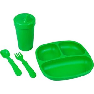 re-play made in usa toddler dinnerware set - no-spill sippy cup, 7" divided plate, rounded tip fork and deep scoop spoon - dishwasher/microwave safe plastic dinnerware set - kelly green