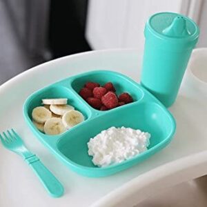 Re-Play Made in USA Toddler Dinnerware Set - No-Spill Sippy Cup, 7" Divided Plate, Rounded Tip Fork and Deep Scoop Spoon - Dishwasher/Microwave Safe Plastic Dinnerware Set - Kelly Green