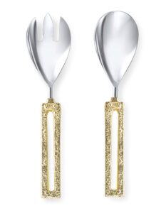 set of stainless steel salad servers with gold loop handle- two toned server and handle- spoon and spork set
