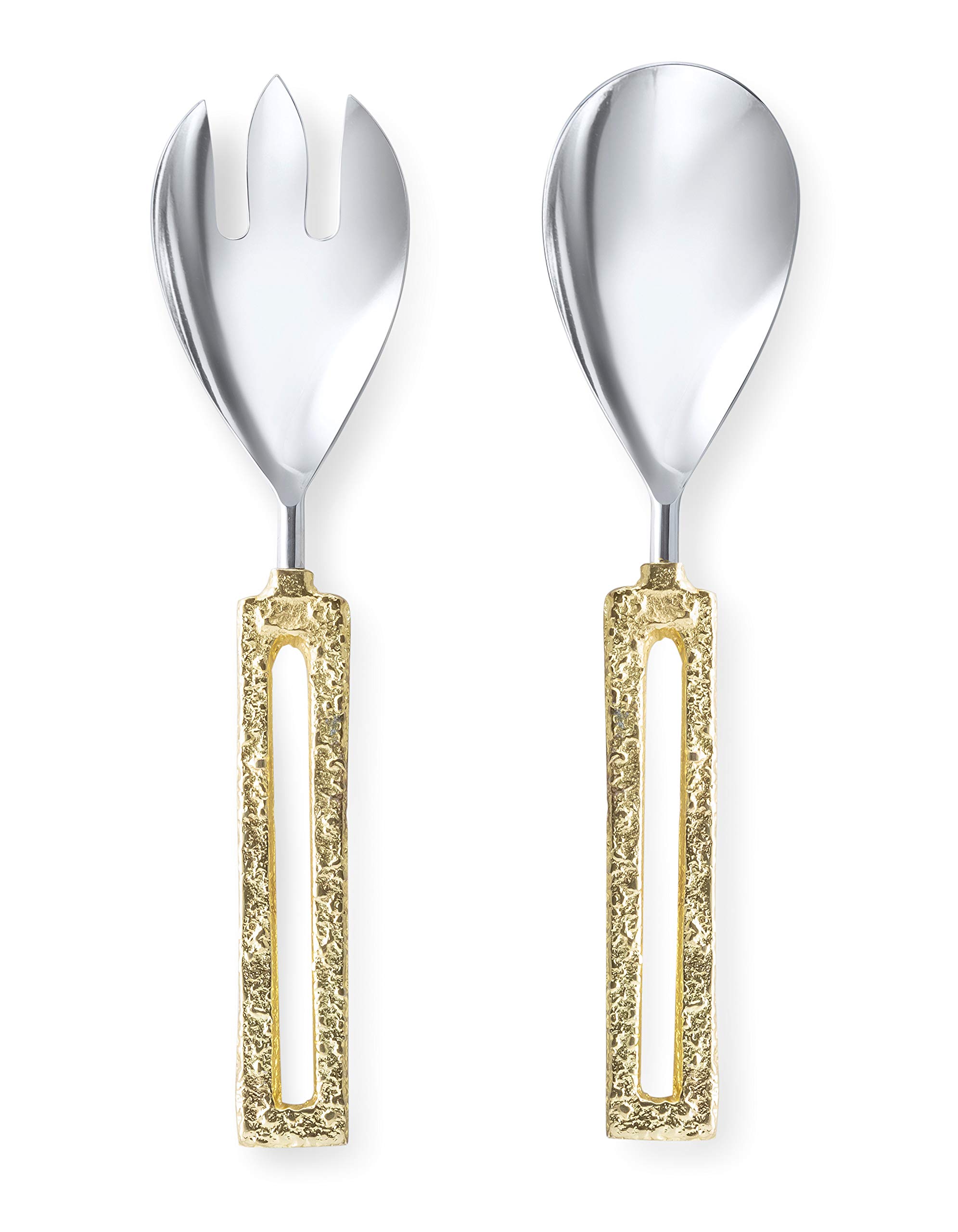 Set of Stainless Steel Salad Servers with Gold Loop Handle- Two toned Server and Handle- Spoon and Spork Set