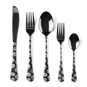 cocorose black silverware set,tableware cutlery set service for 4,knives and forks and spoons sets with skull pattern handle,20-piece stainless steel flatware set,mirror polished,utensils for kitchens