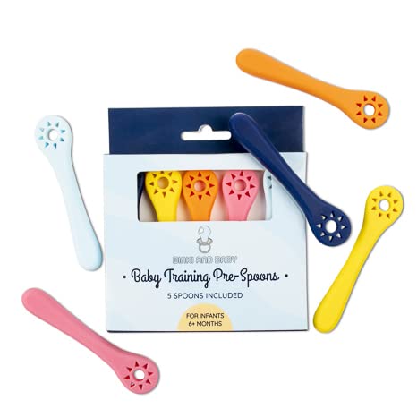 Binki and Baby Spoon Set | First Stage Baby Led Weaning BPA Free Silicone Pre-Spoon Set (5 Pack) | Self Feeding Teething Friendly Toddler Utensils