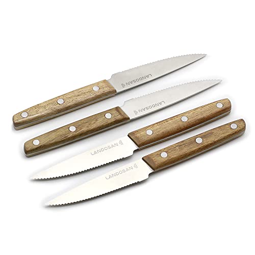 LANDOSAN Steak Knives Set of 4 Stainless Steel serrated steak knives Natural wood handle Knife Set