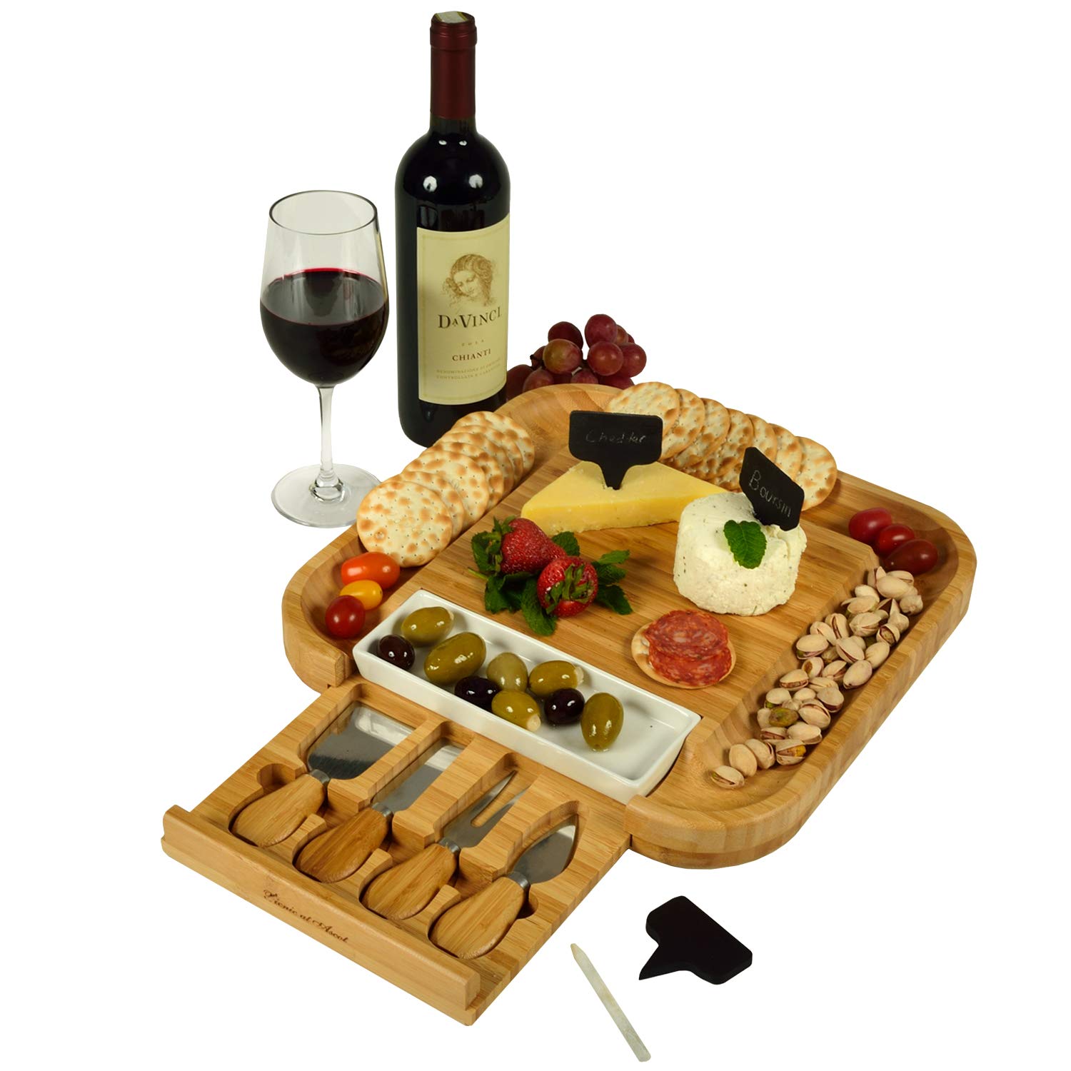 Picnic at Ascot Bamboo Cutting Board for Cheese & Charcuterie with Ceramic Dish, Knife Set & Cheese Markers - Designed & Quality Checked in The USA