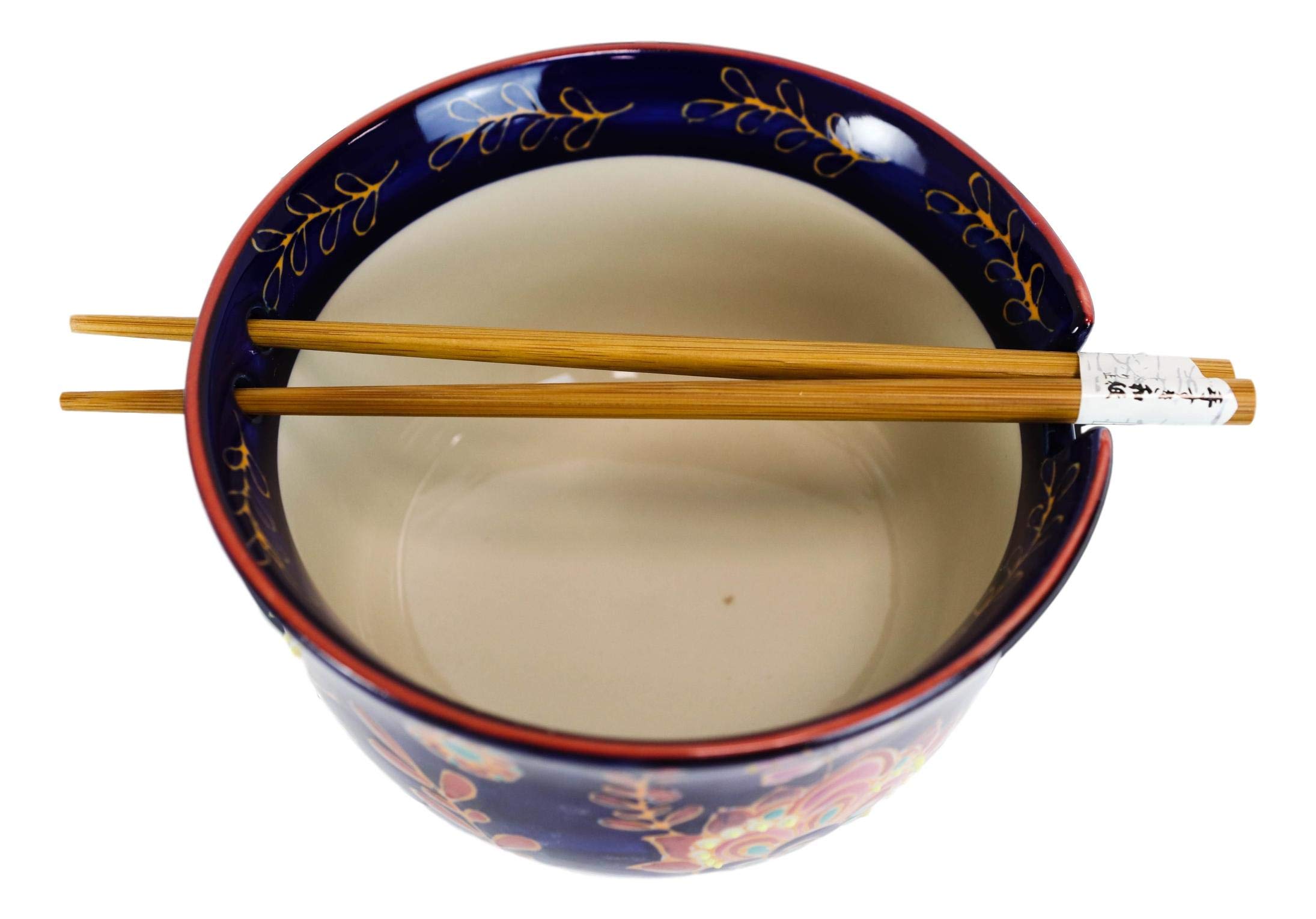 Ebros Midnight Purple Mandala Purple Floral Blossoms Ramen Udon Noodles Large 6.25"D Soup Bowl With Bamboo Chopsticks And Built In Rest Set for Asian Dining Rice Meal Bowls Decor Kitchen