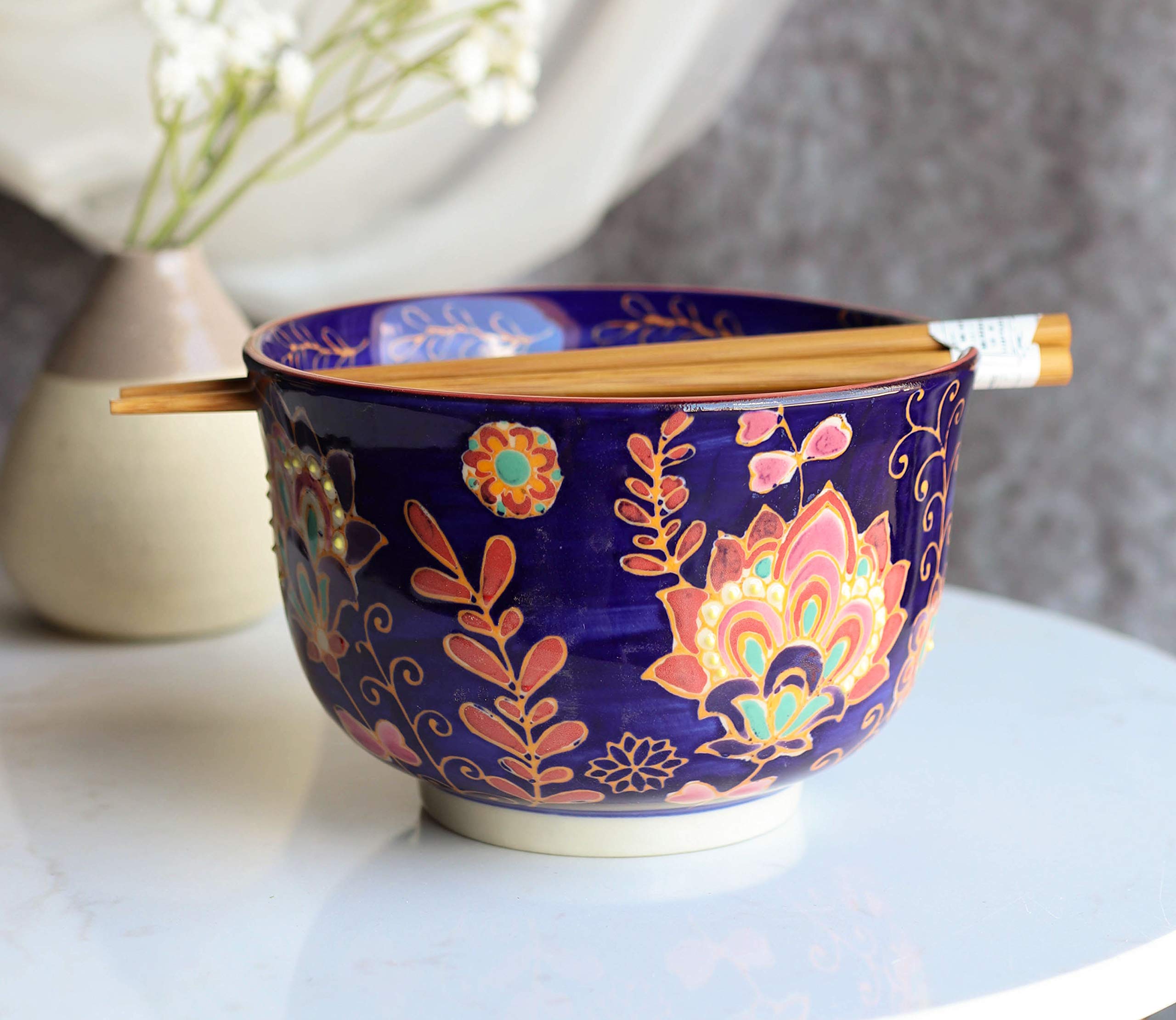 Ebros Midnight Purple Mandala Purple Floral Blossoms Ramen Udon Noodles Large 6.25"D Soup Bowl With Bamboo Chopsticks And Built In Rest Set for Asian Dining Rice Meal Bowls Decor Kitchen