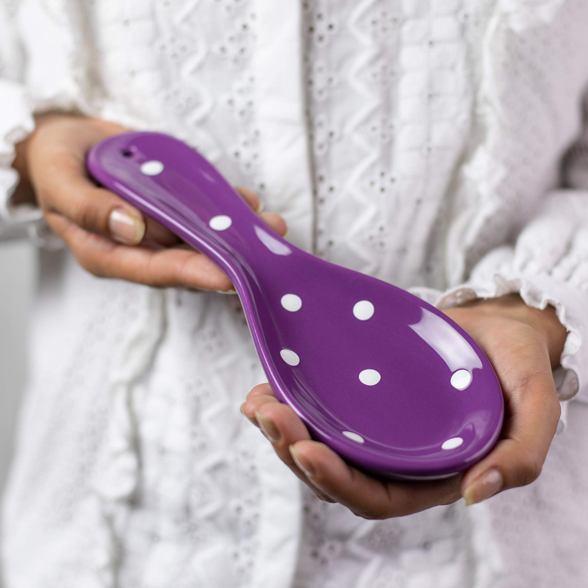 Handmade Purple and White Polka Dot Ceramic Kitchen Cooking Spoon Rest | Pottery Utensil Holder | Housewarming Gift by City to Cottage®