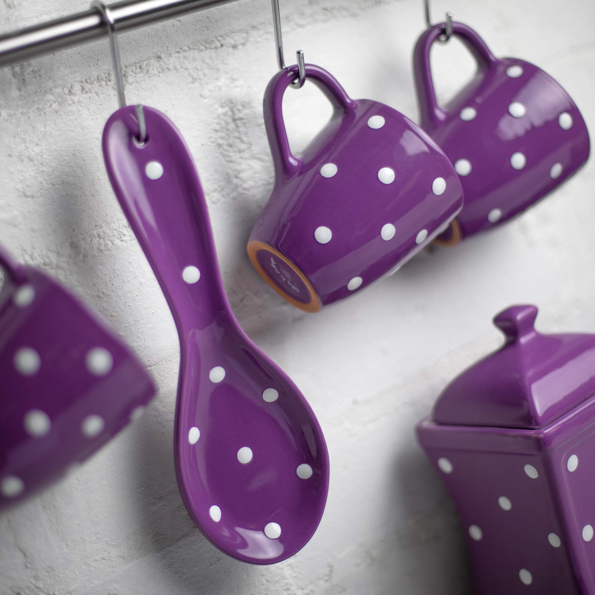 Handmade Purple and White Polka Dot Ceramic Kitchen Cooking Spoon Rest | Pottery Utensil Holder | Housewarming Gift by City to Cottage®