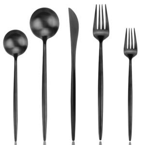 flatware set, matte black silverware set, aoosy heavy solid 20-piece 18/10 stainless steel flatware cutlery set for 4, mirror finish, dishwasher safe, nice box package(a matte black flatware)