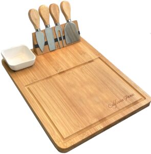 cheese board and knife set | wine board | organic bamboo wood charcuterie platter serving board cheese tray with cutlery | perfect for birthday, housewarming & wedding gifts