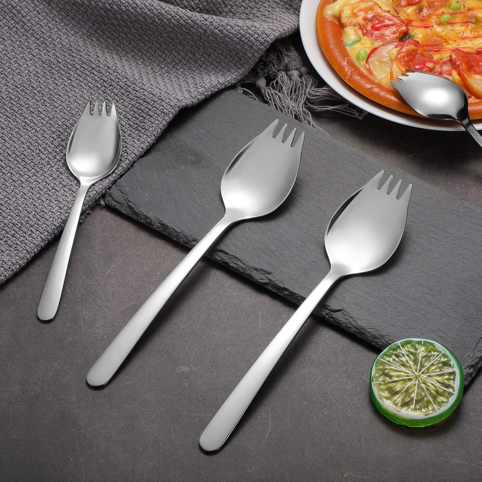 6 Pieces Stainless Steel Sporks Spoon Fork for Everyday Use, Kitchen Tools Metal Ice Cream, Cake, Salad, Fruit, Dessert, Noodles, Pasta Sporks Spoons, 2 Sizes