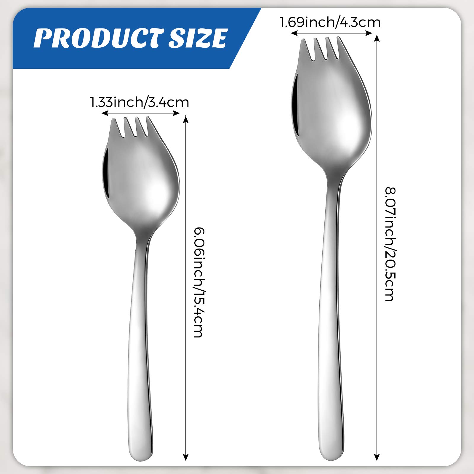 6 Pieces Stainless Steel Sporks Spoon Fork for Everyday Use, Kitchen Tools Metal Ice Cream, Cake, Salad, Fruit, Dessert, Noodles, Pasta Sporks Spoons, 2 Sizes