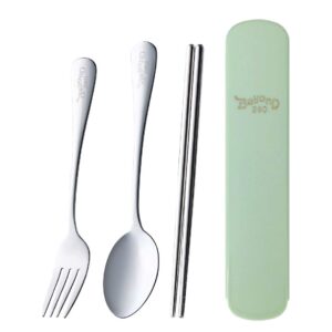 beyond 280 portable 3 pieces flatware set for school work travel outdoor, stainless steel fork spoon chopsticks (green case)