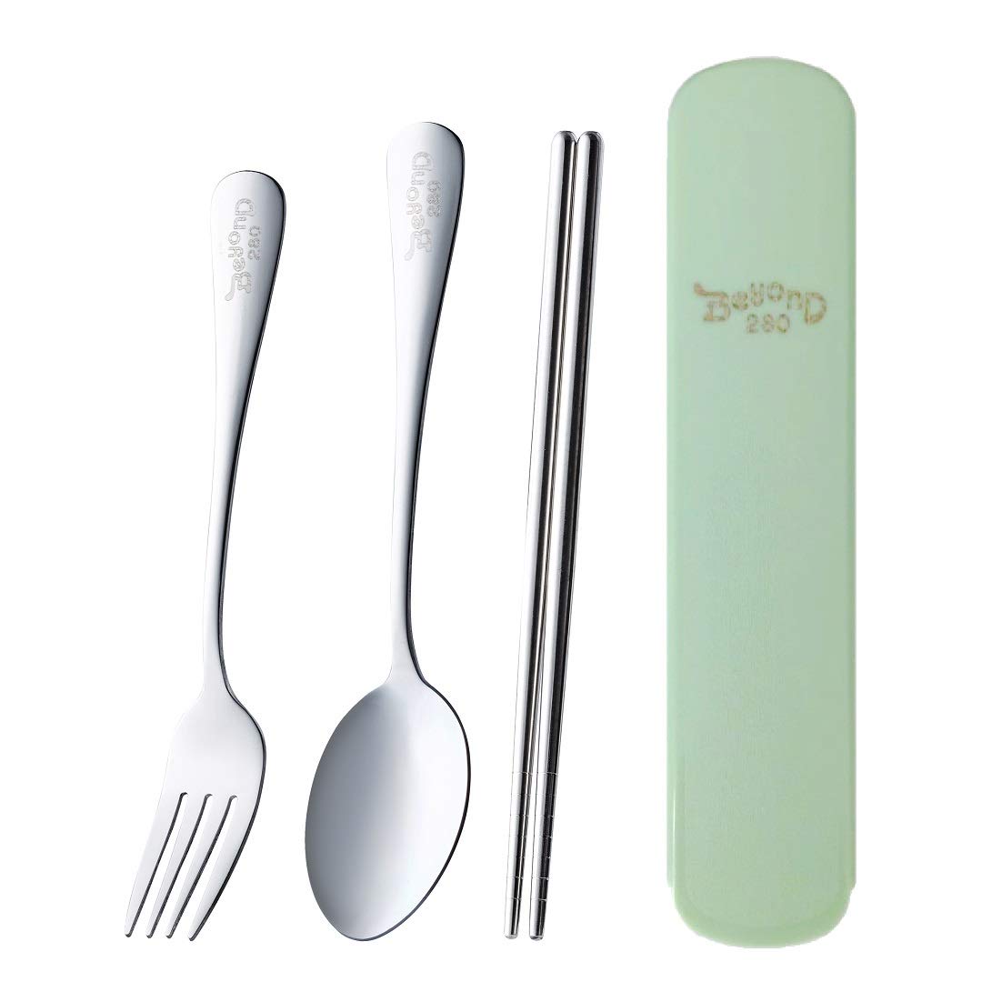 Beyond 280 Portable 3 Pieces Flatware Set for School Work Travel Outdoor, Stainless Steel Fork Spoon Chopsticks (Green Case)