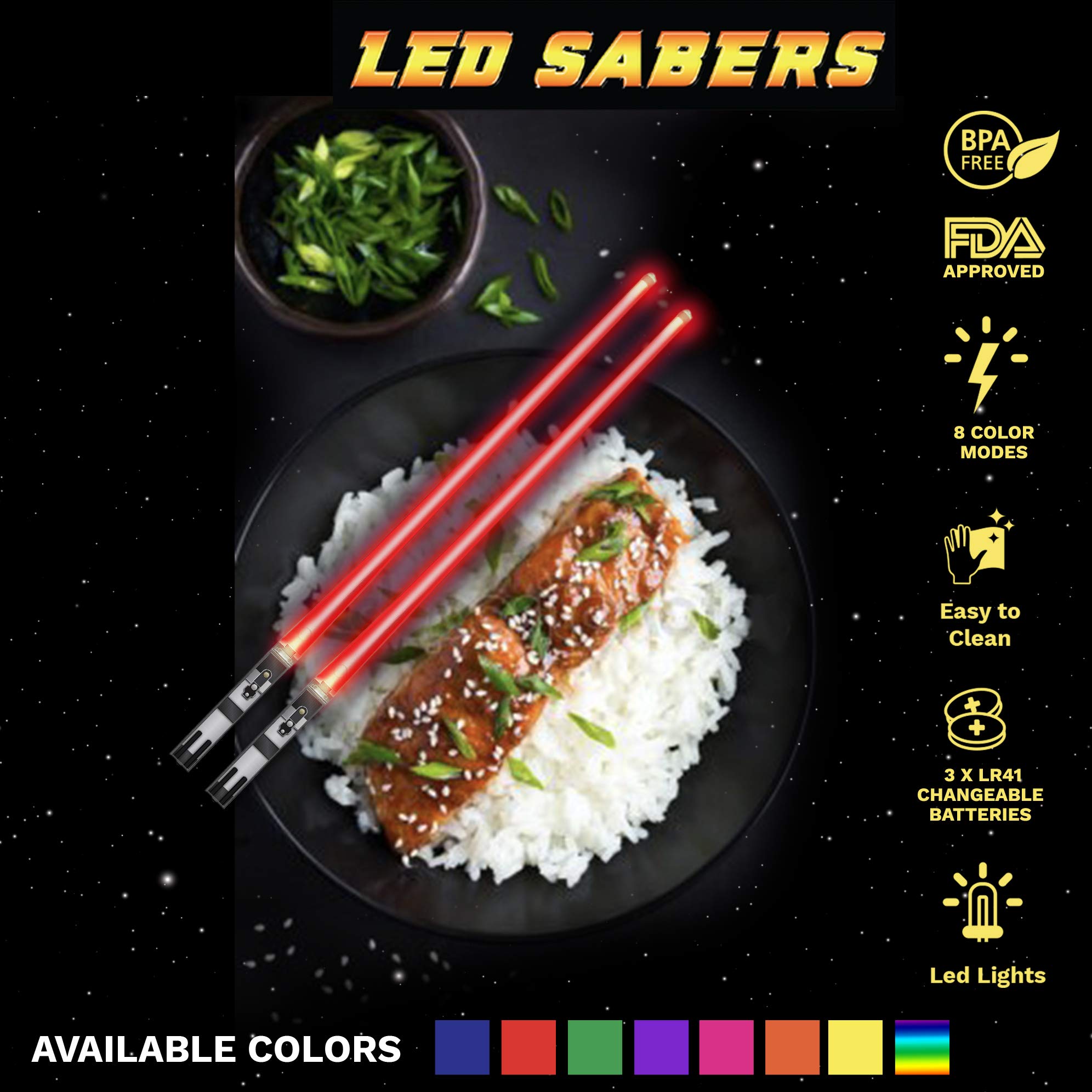 LIGHTSABER CHOPSTICKS LIGHT UP STAR WARS LED Glowing Light Saber Chop Sticks REUSABLE Sushi Lightup Sabers -Removable Handle Dishwasher Safe -Premium GIFT BOX and CARRY POUCH Included - Red - 1 Pair