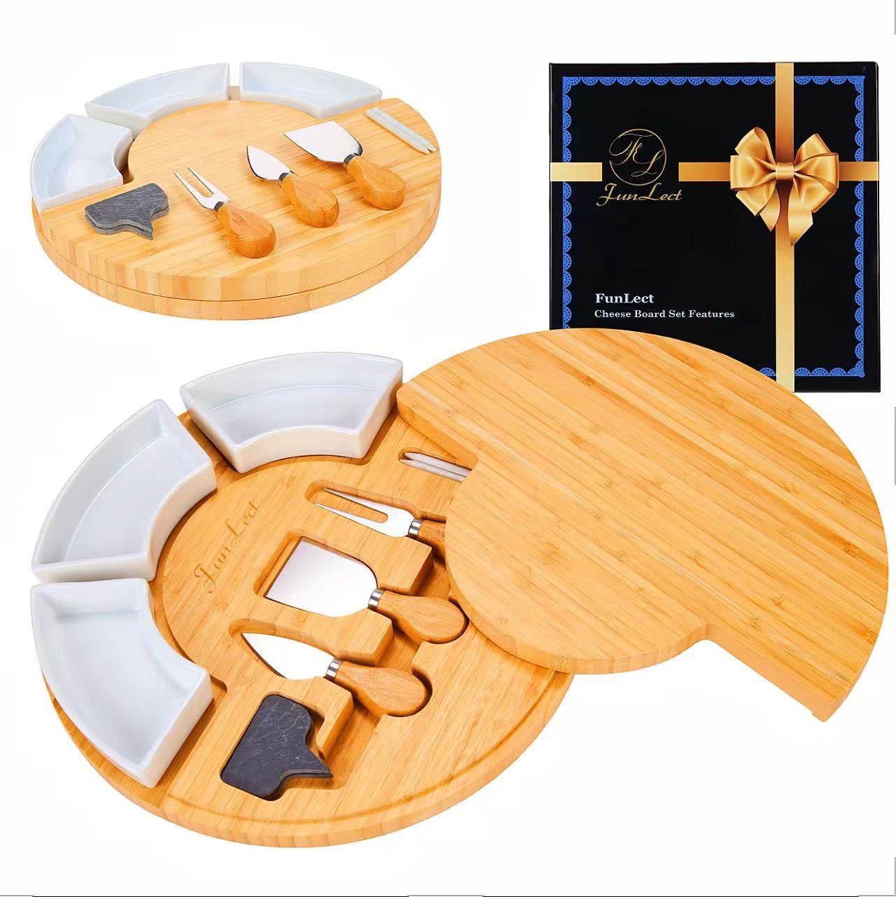 Bamboo Cheese Board Set–Serving Tray and Cheese Serving Platter Round Cheese Board and Knife Set for Cracker and Brie Large Charcuterie Board Set and Cheese Tray for Housewarming Gift-Round